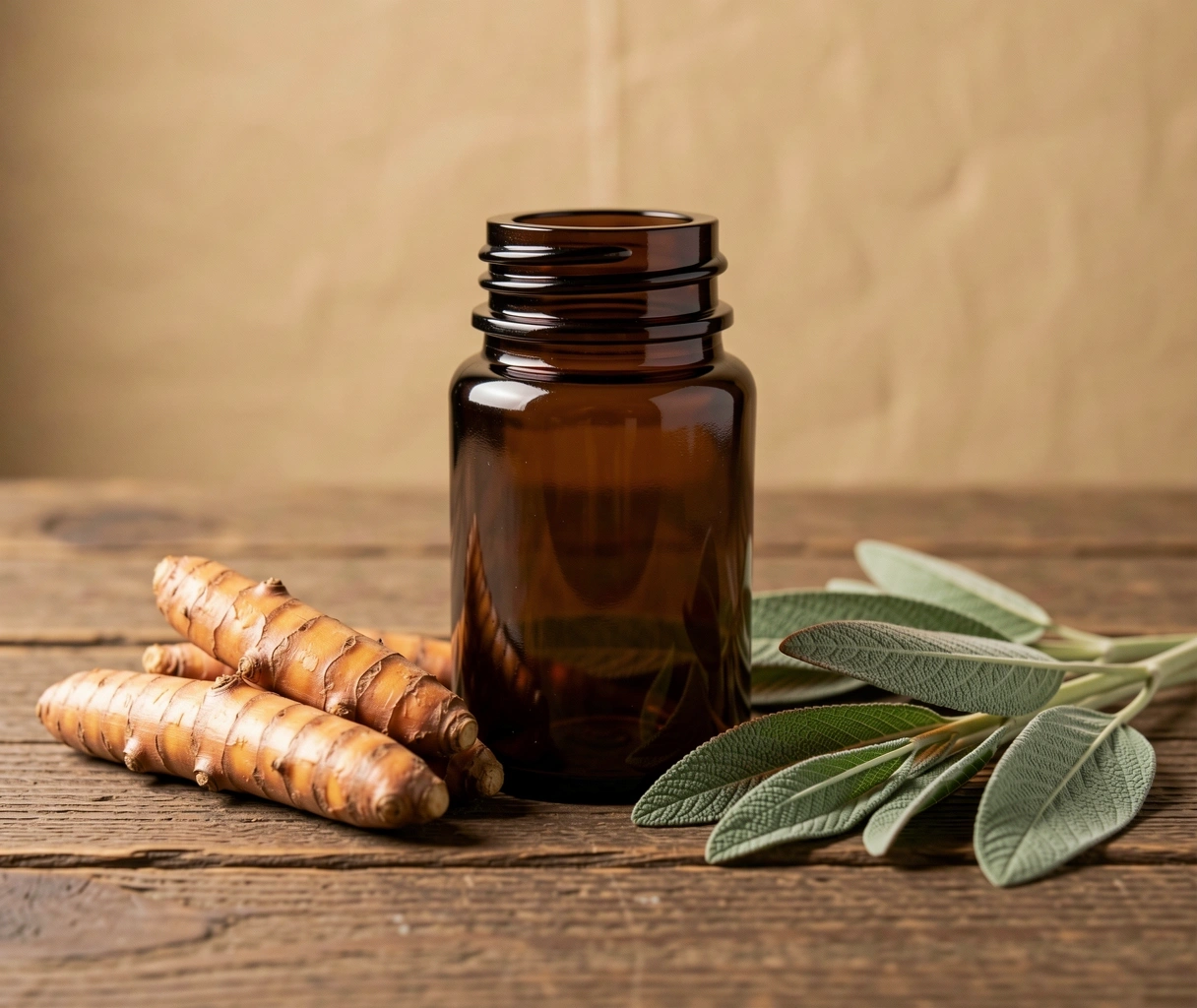 Botanical ingredients and amber glass apothecary jar